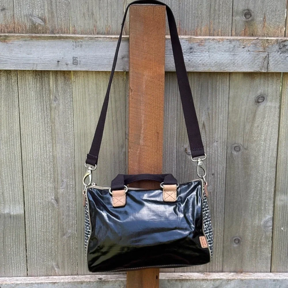 Fossil Key-Per Black‎ Coated Canvas Satchel Geometric Print Crossbody Bag